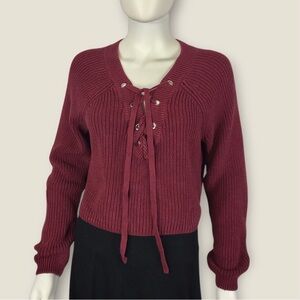 Kendall & Kylie Burgundy Sweater Cropped V-Neck Lace-Up Knit Pullover
